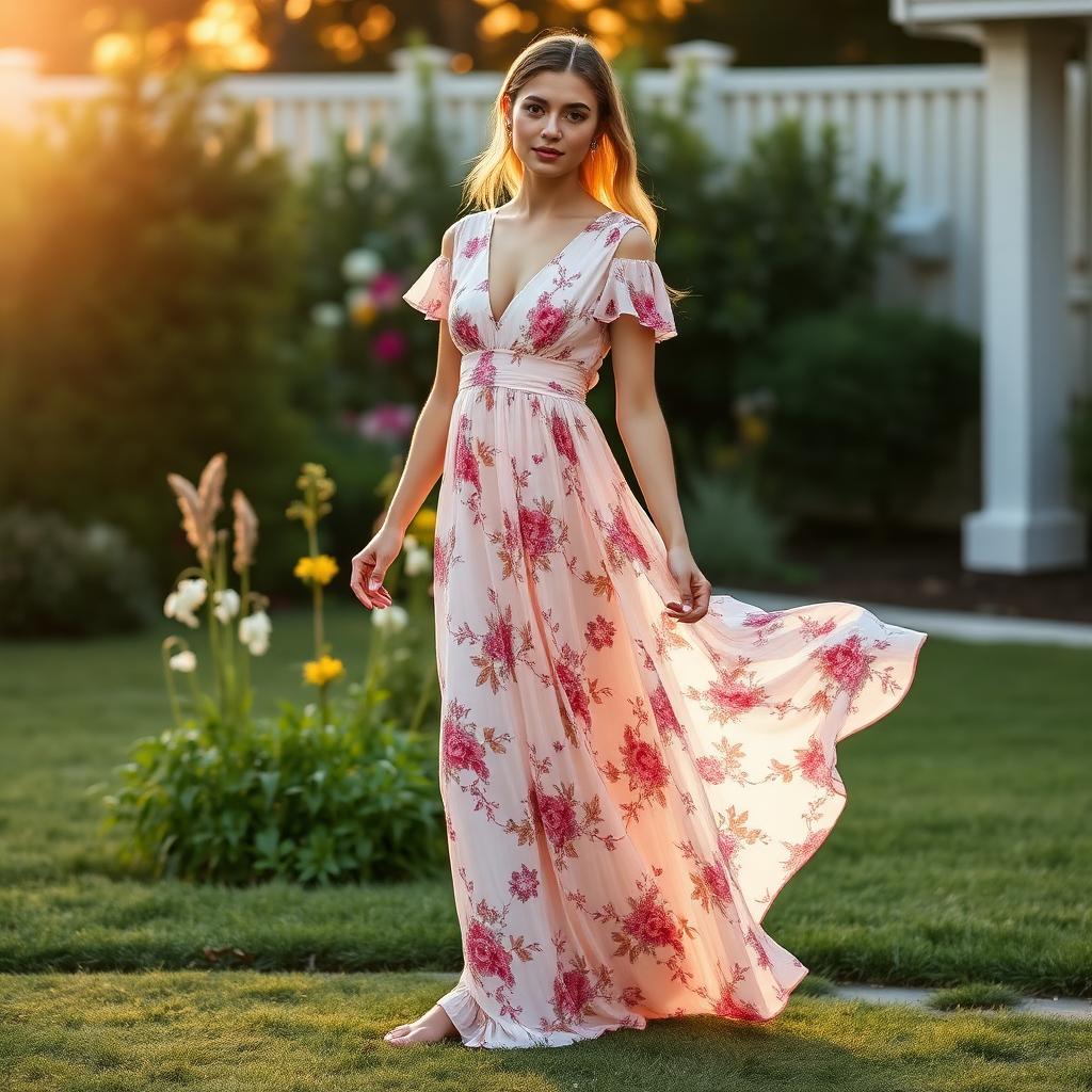 Modelo com vestido floral de moda evangélica